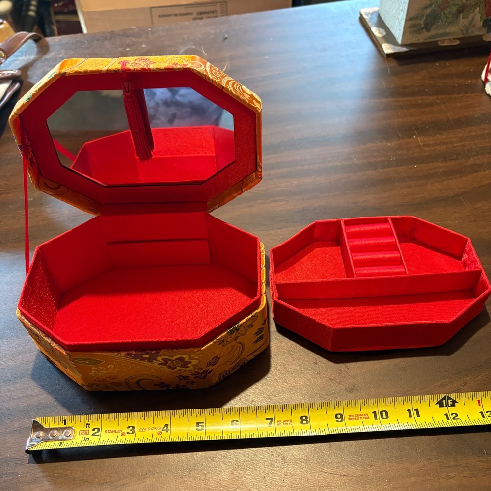 Vintage Octagon Jewelry Box Red Lined Mirror Tassel Asian Floral Design